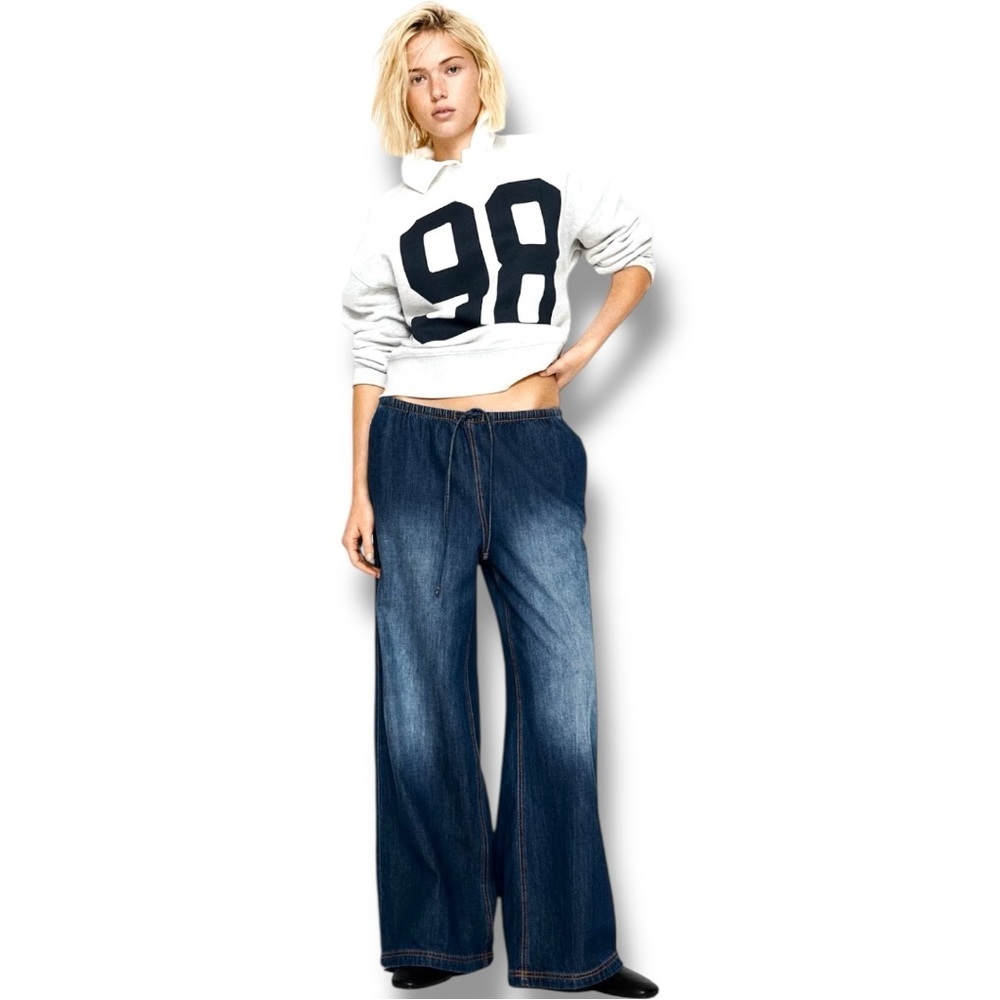 DIVIDED Dark Blue Wide Leg Distressed Knees Adjustable Tie Waist Jeans for Women